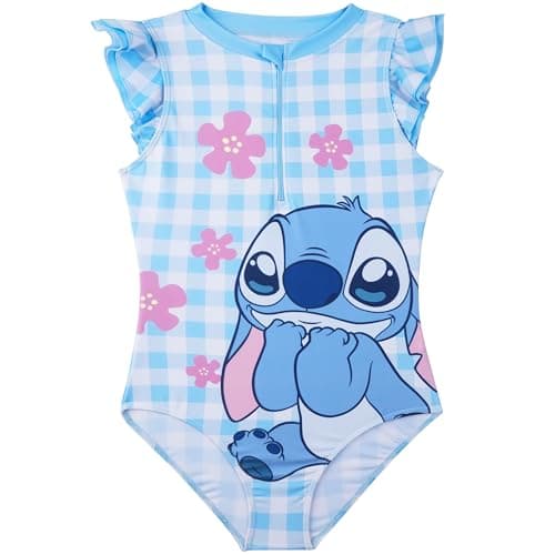 Image of Disney Stitch Girls Swimming Costume 5-14 Yrs, One Piece Swimsuit, Front Zip-Up Beach Pool Bathing Suit, Swimwear Accessory (7-8 Years, Blue/White ​Stitch)