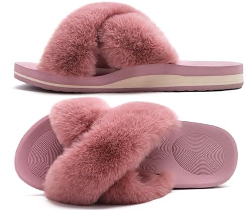 Image of COFACE Womens Fuzzy Slides Fluff Fax Fur Cross Slippers Open Toe Yoga Mat House Slipper Sandals With Arch Support For Indoor/Outdoor