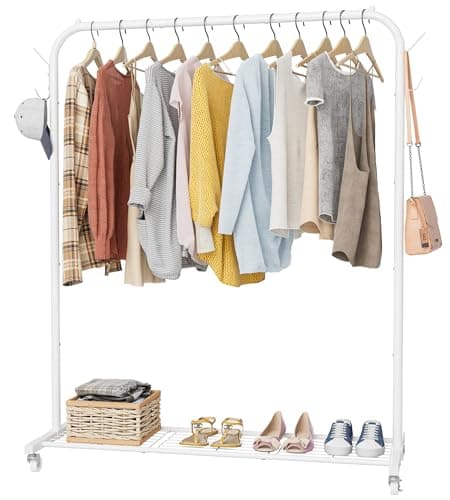 Image of HOMIDEC Clothes Rail, Portable Clothes Rack with Hook and Metal Storage Shelf, Heavy Duty Clothes Rail on Wheels, Clothes Rails for Bedroom, Hanging Rails for Clothes, Holds up to 40 kg, White