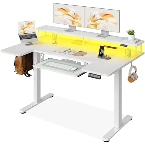 Image of OffiGo Standing Desk, 140cm U Shaped Height Adjustable Desk with Monitor Stand, Electric Sit Stand Rising Table with Sockets, Gaming Computer Table with LED Light for Home Office Workstation, White