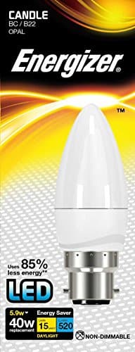 Image of Energizer B22 Candle LED Light Bulb - 5.9W with Opal Finish. Daylight 6500K, 520 Lumen Energy Saving Lightbulb. Non-Dimmable - Large Bayonet (Bc)