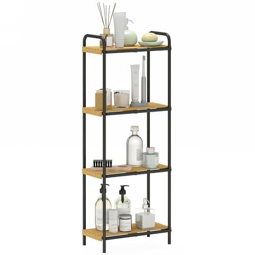 Image of HOMCOM 4-Tier Bamboo Bathroom Storage Shelf, Freestanding Narrow Shelving Unit with Slatted Shelves for Kitchen Bathroom Living Room, 41.5 x 21.5 x 106 cm, Natural and Black