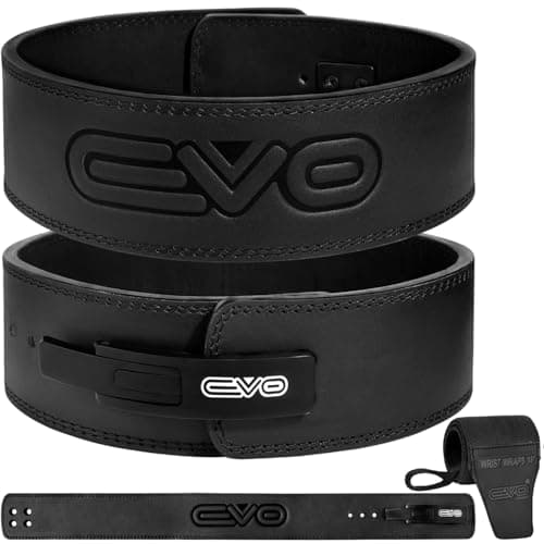 Image of EVO Fitness Weight Lifting Belt with Lever Buckle Gym Leather Padded Lumbar Back Support Powerlifting Bodybuilding Deadlift Workout Training Dip Belts with 18" Wrist Straps for Men Women (Black, XL)