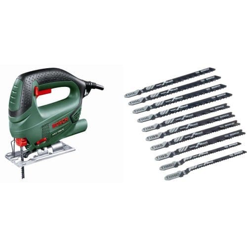 Image of Bosch PST 700 E Compact Jigsaw with Bosch Jigsaw Blade Set (10 Pieces)
