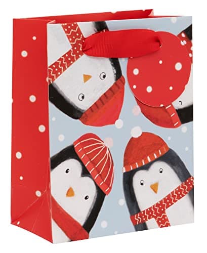 Image of Glick Luxury Gift Bag for Christmas, Little Gift Bag Xmas, Cosy Penguins, Measures 11 x14 x 6 cms, Red & Blue