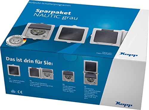 Image of Kopp Nautic Economy Pack in Grey - 2 x Off Toggle Switches - 3 x 1-Way Surface-Mounted Socket with Increased Touch Protection - 1 x 2-Way Protective Contact Socket - 1 x Switch Socket Wet Room