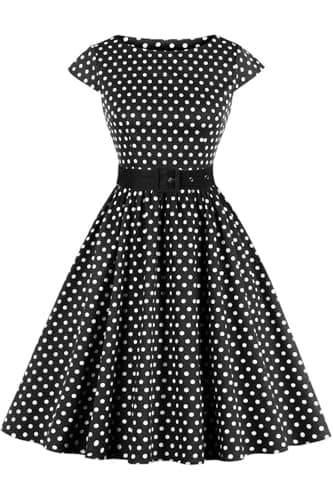 Image of AXOE Women 50s Dresses Rockabilly Vintage Inpired Belted Cotton Black with White Polka Dots, UK Size 22, 4XL