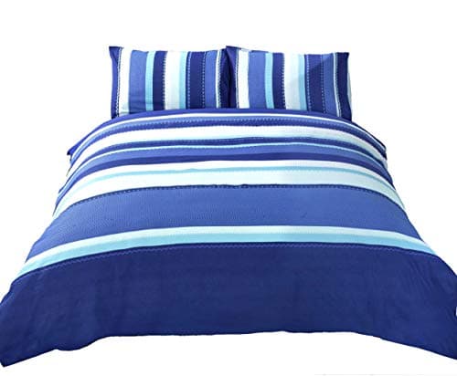 Image of Rapport Home Blue Striped Single Duvet Cover Set - Modern 50% Cotton Blend Bedding with 1 Pillowcase (135x200cm) - Easy Care & Oeko-Tex Certified Quilt Cover