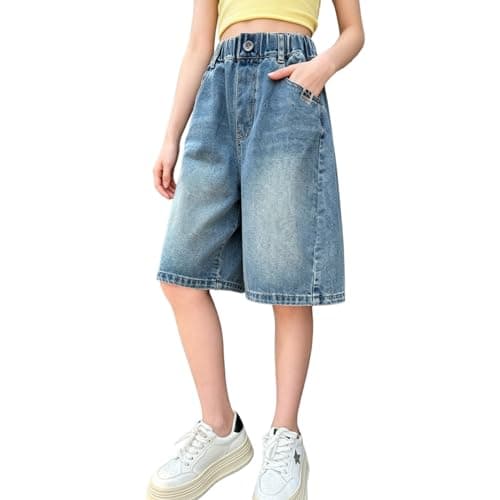 Image of Rolanko Girls Jeans Shorts, Elastic Waist Bermuda Knee Length Wide Leg Summer Shorts for Teen Kids, Blue, 10-11 Years, 150
