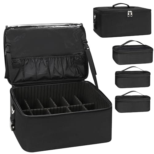 Image of Makeup Bag Large Makeup Case Professional Cosmetic Storage organiser Box Brush Holder with 3 Clear Set Bags & Lipstick Plate for Makeup Artists with Shoulder Strap & Adjustable Dividers (A Set, Black)