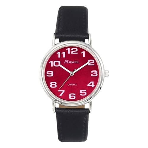 Image of Ravel Unisex Easy Read Watch with Big Numbers - Analogue Quartz - R0105.51.1A - Black/Silver Tone/Sunray Maroon Dial
