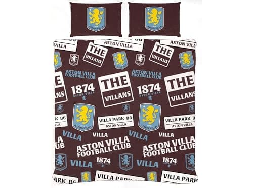 Image of FOCO Aston Villa FC Official Football Club Double Duvet Cover Set, Brown Patch Design with Team Logos, Villa Park 1874 Theme