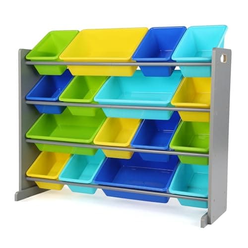 Image of Humble Crew Toy Storage Organiser for Children, with 16 BPA Free Plastic Removeable Storage Bins, Ideal for Storing Toys, Games and Craft Supplies - Grey/Blue/Green/Yellow