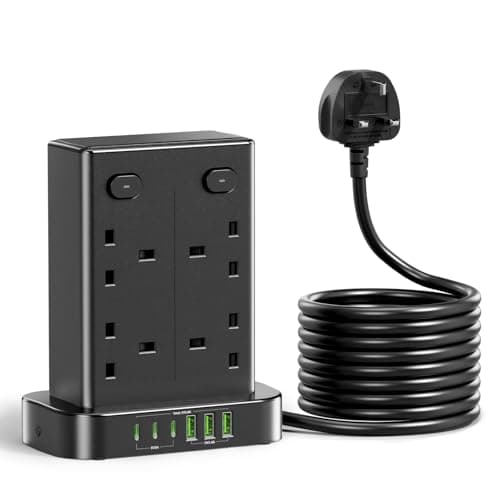 Image of 3M Tower Extension lead with USB C Slots, toomke Multi Plug Extension Sockets with 8 AC Outlets and 6 USB Ports, Overload Protection Extension Cord with Independent Switches, Plug Socket Tower