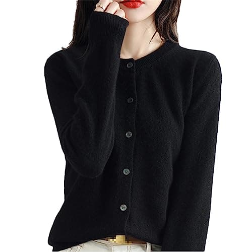 Image of Bollrllr Women's Cashmere Cardigan Round Neck Sweater Spring Autumn Winter Long Sleeve Knitted Solid Color Soft Cardigan Sweater Black M