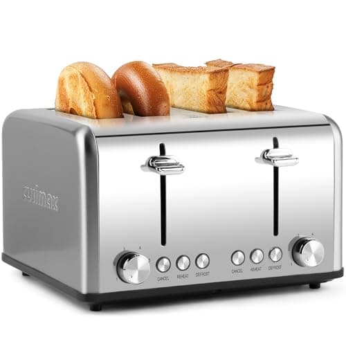 Image of Cusimax 4 Slices Toaster, Stainless Steel Toaster with 4 Extra-Wide Bread Slots and 6 Variable Browning Shade Controls, Featuring with Defrost/Reheat/Cancel Settings, Removable Crumb Tray