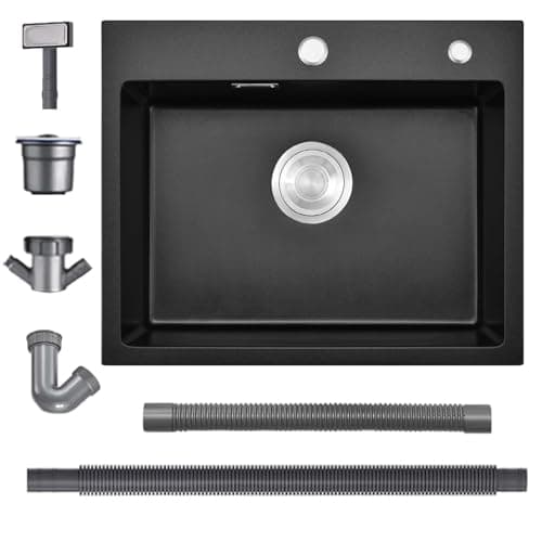 Image of Bokaiya Black Kitchen Sink, 55x45cm Quartz Composite Kitchen Waste Kit, Drop in Topmount Sink Single Bowl, Deep Campervan with 2 Tap Holes and Siphon, Suitable for Workstation