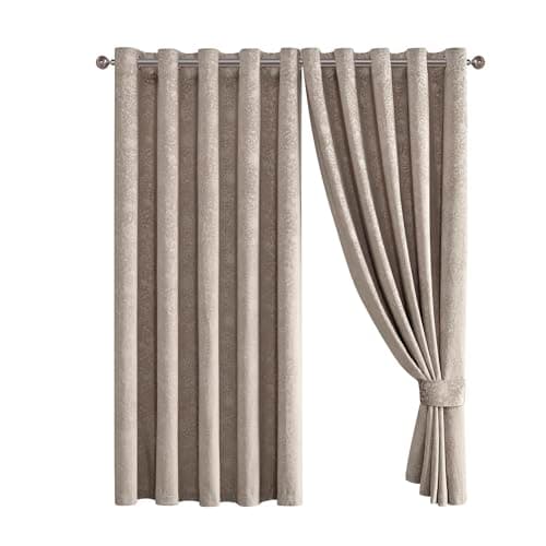 Image of Floral Jacquard Velvet Curtain Pair - Heavyweight and Noise Reducing - Room Darkening Eyelet - Fully Lined for Thermal Insulation - Includes Two Tiebacks (Beige, 66" x 72" (168 x 183 cm))
