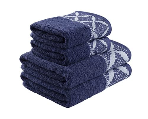 Image of La Maison Jacquard Rosa Floral Border 100% Cotton 500GSM Luxury Hand Towel Bath Towel Super Soft Highly Absorbent Everyday Use (4 Piece Bale Set, Navy)