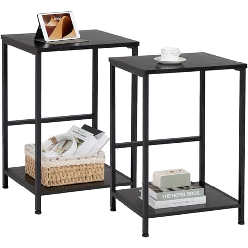 Image of AMHANCIBLE Side Tables Set of 2, 2-Tier Sofa Side Tables, Bedside Tables with Steel Frames, Coffee Table, Small End Table for Small Spaces, Modern Nightstand for Living Room, Bedroom, Black HET03SQBK