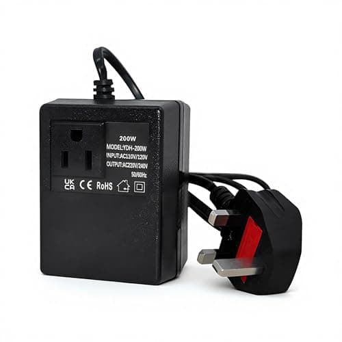 Image of US to UK Voltage Converter 200W: TVOOD Step Down Transformer 220V/240V to 110V/120V (UK Plug) Black Intelligent Efficient Temperature-Protected Adapter for Travel Hotel Household