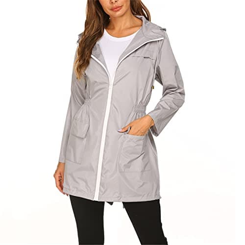 Image of SotRong Raincoat Womens Waterproof Rain Jacket Lightweight Packable Showeproof Hooded Rain Coats Windbreaker Running Jacket Windproof Outdoor Trench Coats for Walking Camping Grey M
