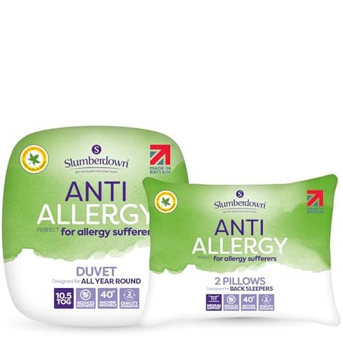 Image of Slumberdown Anti Allergy Single Duvet - 10.5 Tog All Year Round Quilt Ideal for Summer & Winter, 2 Medium Support Pillows - Anti Bacterial, Soft Touch Cover, Machine Washable, Size (135cm x 200cm)