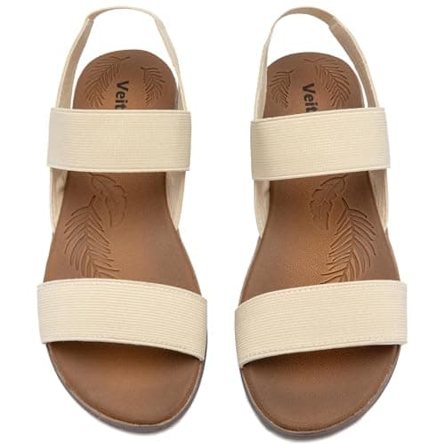 Image of Veittes Women'S Casual Flat Slide Sandals - Adjustable Elastic Strappy Double Bands Summer Flat Sandals.(2107021,BG/MF,6.5 UK)
