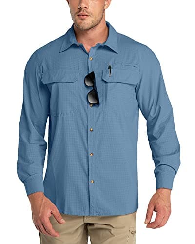 Image of Outdoor Ventures Men's Long Sleeve Shirts UV Protection Outdoor Shirts Breathable Button-Down Shirt Wicking Quick Drying Safari Shirt with Pockets for Hiking Fishing Golfing, Bluestone, XL