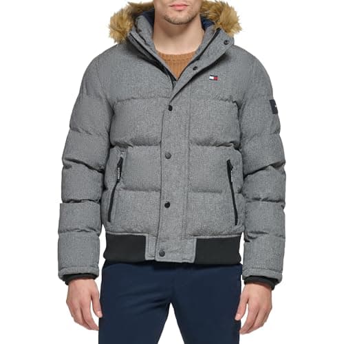 Image of Tommy Hilfiger Men's Arctic Cloth Quilted Snorkel Bomber Jacket Parka, Heather Grey, L