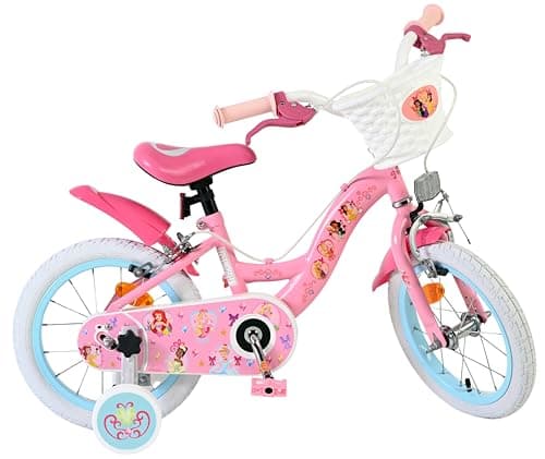 Image of Volare Disney Princess Pink Kids Bike | Ages 3.5-5 | 14 Inch Wheel | 2 Handbrakes (Front & Back Wheel), Removable Stabilisers & Pedal Reflectors | Adjustable Height | Handlebar Basket | Gift for Girls