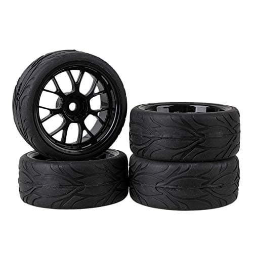 Image of Black RC 1:10 On-road Car Fish Scale Pattern Rubber Tyre & Plastic Y Type Wheel Rim 12mm Drive Hex Pack of 4