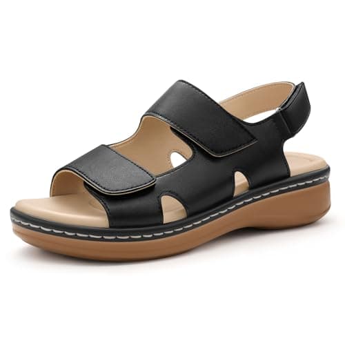 Image of PIZZ ANNU Clara Women's Orthopedic Sandals Wedge Walking with Arch Support, Comfortable Chunky Lightweight Hook & Loop Summer Shoes for Everyday Wear Black Size 6