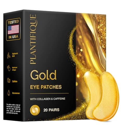 Image of PLANTIFIQUE 24K Gold Under Eye Gel Patches - Dermatologist Tested - 20 Pairs Collagen & Hyaluronic Acid Eye Masks for Dark Circles, Bags & Puffiness