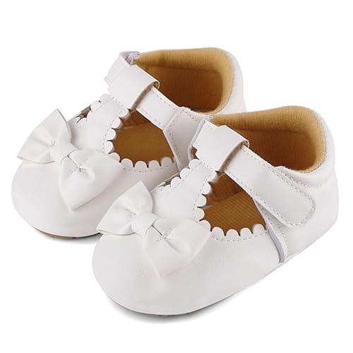 Image of LACOFIA Baby Girls Christening Shoes T-Bar Bowknot Infant Anti-Slip First Walking Shoes Prewalkers White 3-6 Months