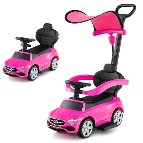 Image of COSTWAY 3 in 1 Ride on Push Car, Mercedes-Benz Licensed Toddler Sliding Car with Steering Handle and Wheel, Horn, Adjustable Canopy, Foot to Floor Slider for Boys Girls 18-36 Months Old (Pink)