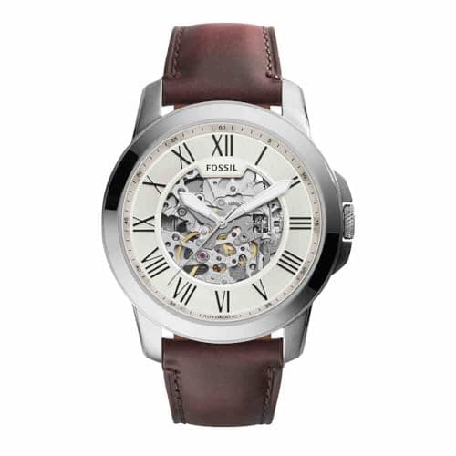 Image of Fossil Grant Men's Automatic Watch with Off-White Dial and Brown Leather Strap ME3099