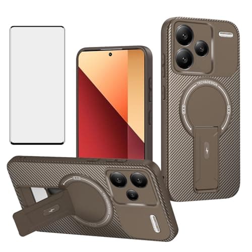 Image of Asuwish Phone Case for Xiaomi Redmi Note 13 Pro Plus 5G Magnetic Carbon Fiber Cover with Tempered Glass Screen Protector and Protective Hard Stand Slim Mobile Cell Accessories 13Pro+ 13Pro Pro+ Brown
