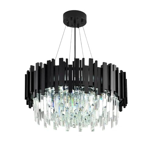 Image of AHXIAOZN Luxury E14 Crystal Chandelier,2 in 1 Chandeliers Ceiling Light,Gold Ceiling Lights Living Room,Round Lampshades 3 Tiers K9 Crystals Pendant Light (55 * 55 Cm Black)