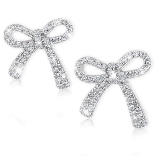 Image of Silver Bow Stud Earrings, Bow Earrings Rhinestone for Women, 925 Sterling Silver Earings, Classic Ribbon Knot Earrings, Hypoallergenic Cubic Zirconia Stud Earring Jewelry for Women and Girls