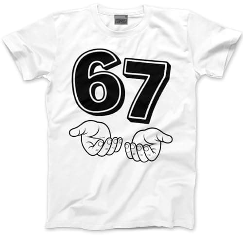 Image of Funny 6 7 Top for Kids, Teens and Adults – 67 6-7 Hands Slogan T-Shirt - Six Seven Graphic Tee Internet Meme Fun Number Day Tshirt - 5-6 Years White