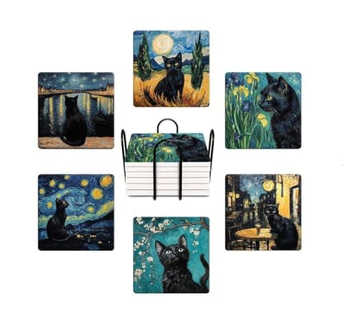 Image of WWOOPLL Drink Coasters Set of 6, Van Gogh Art and Black Cat Absorbent Square Ceramic Stone Mat Coaster, with Cork Base and Metal Holder, Anti-Slip Cork Bottom for Mugs and Glasses