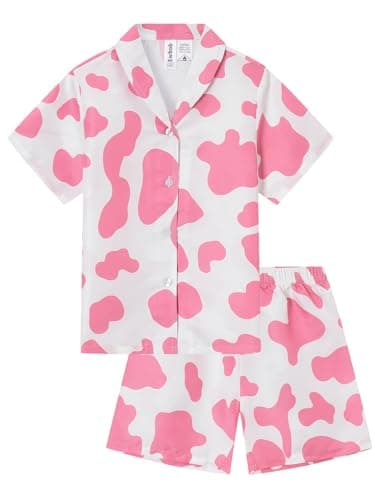 Image of Ewbob Girls Pyjamas Set Short Sleeve Button Down kids pjs Soft And Breathable Adorable Loungewear Ages 5-14（C34-Pink Cow-7-8Y）