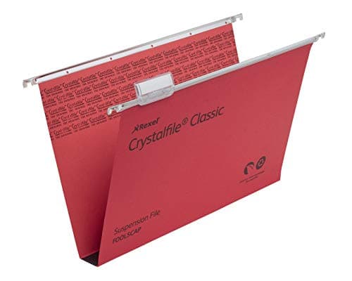 Image of Rexel Foolscap Suspension Files with Tabs and Inserts for Filing Cabinets, 30 mm base, 100 Percent Recycled Manilla, Red, Crystalfile Classic, Pack of 50, 70622
