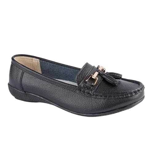 Image of Jo & Joe Ladies Wide Fit Flat Leather Tassel Moccasins Loafer Nautical Shoe Plimsole Pumps Womens. Black Size 5