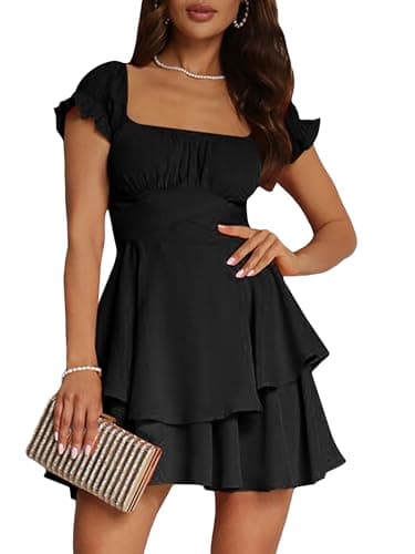 Image of Springcmy Women Puff Sleeve Off Shoulder Dress Ruffle Tiered Smocked Layered Flowy Beach A-line Short Mini French Dress (A-Black, M)