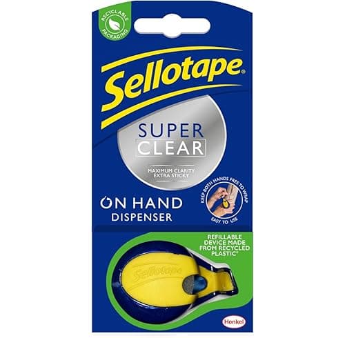 Image of Sellotape Oh-Hand Dispenser with Super Clear Tape, Practical Sticky Adhesive Tape for Maximum Clarity, Tape Dispenser with Strong Tape for gift wrapping - Includes Single Roll (18mm x 15m)