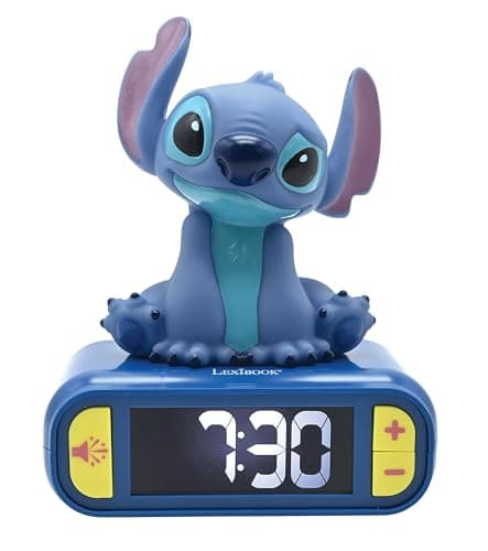 Image of LEXIBOOK, Disney Stitch, Nightlight alarm clock, Sounds and Melodies, LCD Backlit screen, Luminous, Snooze, Blue, RL800D