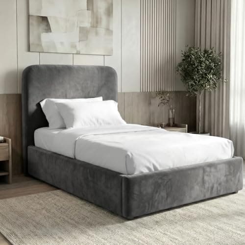 Image of Blisswood Single Ottoman Bed Frame 3FT, Upholstered Velvet Bed with Headboard, Gas Lift Storage Base & Wooden Slats, Small Single Bed for Kids Teens Girls or Guest Bedroom (3ft Grey, No Mattress)