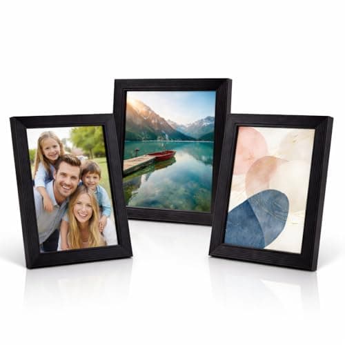 Image of 3pk Photo Frames, 4 x 6'' Black Ribbed Clear Glass Front Design Freestanding Wall Mount Picture Photo, Ideal for certificates, pictures and photographs